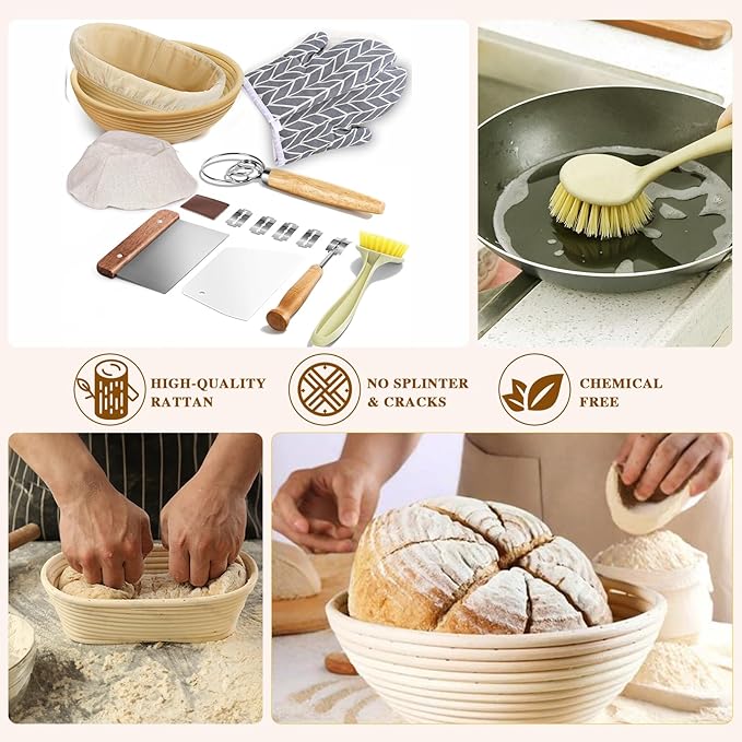 Sourdough Starter Kit Banneton Bread Proofing Basket Baking Set Gift with Heat-Resistant Gloves,Sourdough Baskets Sourdough Tools, Includes 9-inch Round and 10-inch Oval Bread Making Tools