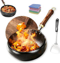 Jinswhdre Cast Iron Skillet, 9.5/11in Jinswhdre Japanese Irons Pan, Hand Forged Uncoated Iron Pan with Lid Spatula, Non-stick Wok for Cooker Gas Stir Fry Pans Durable and Rust-Free (Wooden Lid,11in)
