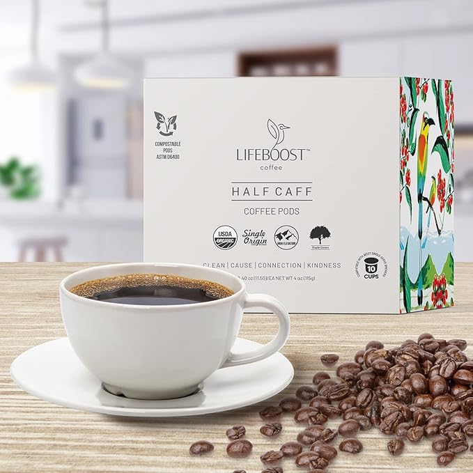 Lifeboost Half Caff Coffee K Cups - Low Acid Half Caff Coffee Pods - Single Origin Non-GMO Mold Free Pods Compatible with Keurig & Keurig 2 - No Mycotoxins or Pesticides - 10 Count (Pack of 2)