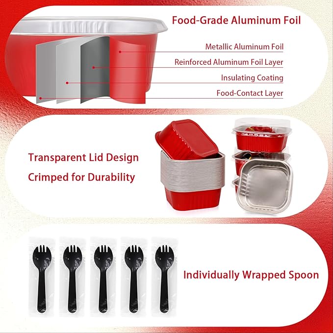 FORBFAN 10 oz Mini Disposable Cake Pans with Lids, 150 Pack Aluminum Foil Square Baking Cups with Spoons, Disposable Baking Cake Tins Red