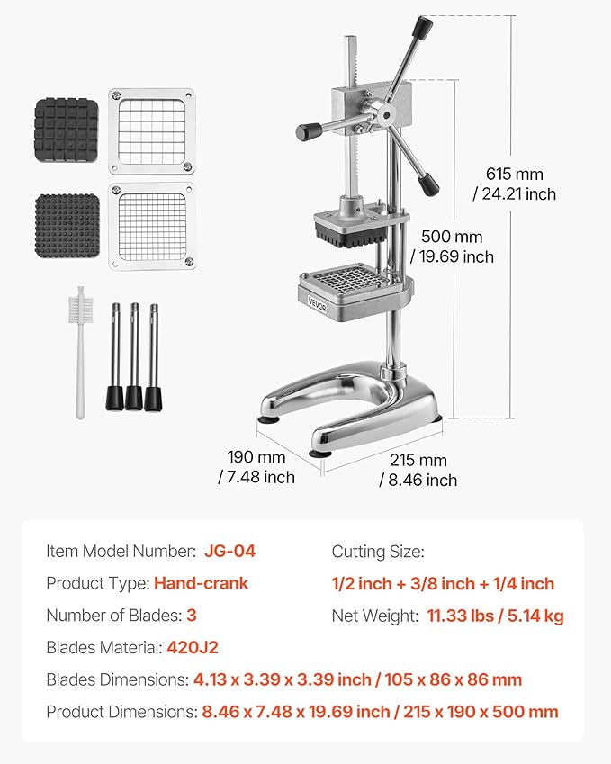 VEVOR Commercial French Fry Cutter, Stainless Steel Vegetable Fruit Chopper with 3 Replacement Blades 1/2-Inch 3/8-Inch 1/4-Inch, Manual Potato Slicer Dicer for Restaurants & Home Kitchen