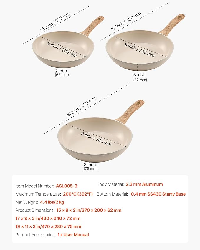VEVOR Frying Pan Skillet, Aluminum Egg Fry Pans, 3 Piece (8, 9.5, 11 in), Nonsitck Ceramic Heavy-Duty Skillets with Heat-Resistant Handle, Chef's Kitchen Cookware for Gas, Electric, Induction, Beige