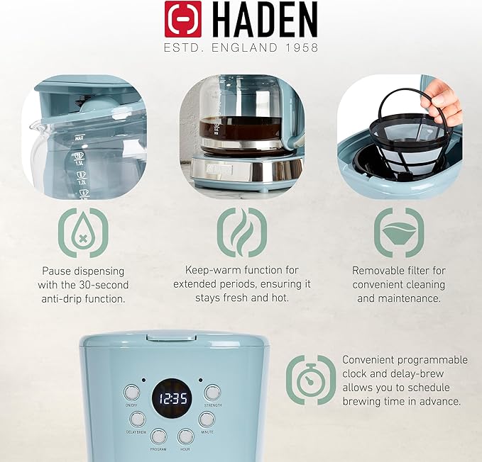 Haden Brighton Coffee Machine, 12 Cup Programmable Drip Coffee Maker with Auto Shut-Off Function and Reusable Washable Water Filter, Sky Blue & Chrome