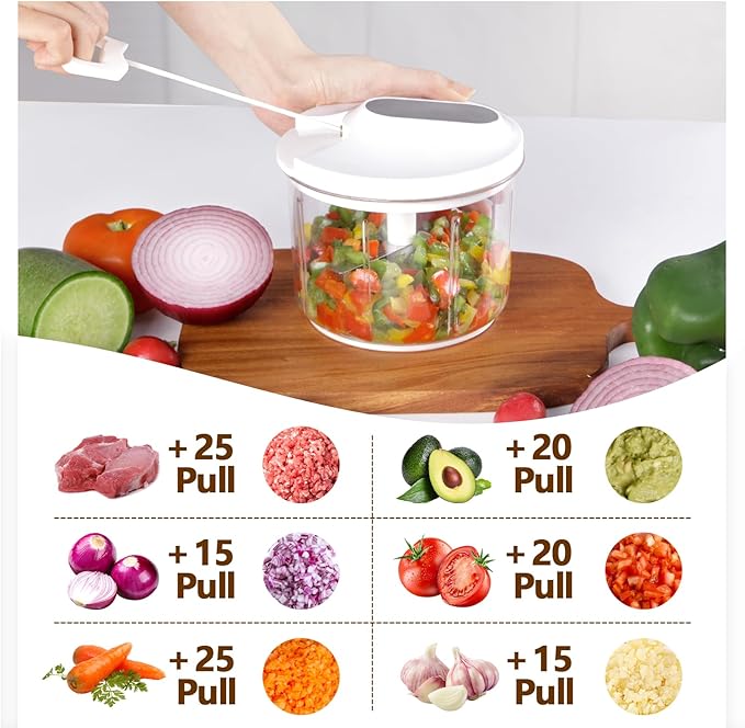 LHS Manual Food Processor Large Vegetable Chopper, 1000ML Pull String Chopper Garlic Mincer Onion Cutter for Veggies,Salad,Fruits, Nuts, BPA Free, WHITE