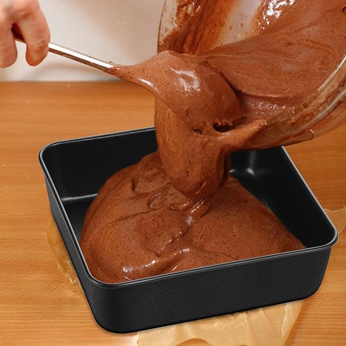 E-far 8 Inch Square Cake Pan Set of 2, Nonstick 8x8 Baking Pan with Stainless Steel Core, Black Metal Bakeware for Brownies Lasagna Cakes, Non-toxic & Easy Clean, 2 Inch Deep