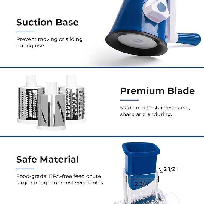 X Home Rotary Cheese Grater for Kitchen, Shredder with 3 Interchangeable Blades, Rotary Grater with Handle and Strong Suction Base, for Vegetables, Fruit, Nuts, Easy to Use and Clean, Dark Blue