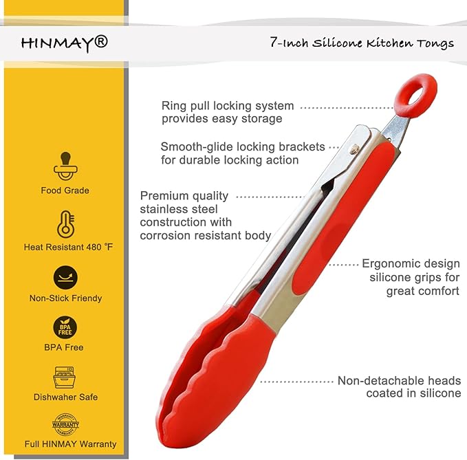 7-Inch Mini Silicone Tongs Small Serving Tongs for Appetizers, Set of 3 (Red)