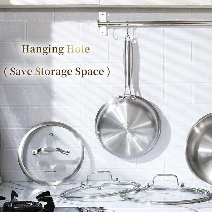 DELARLO Tri-ply Stainless Steel Frying Pan Set with Lid 10" 12" Induction large Skillets Chef's Pan,Pots and Pans Set Kitchen Cookware Set Suitable for All Stove