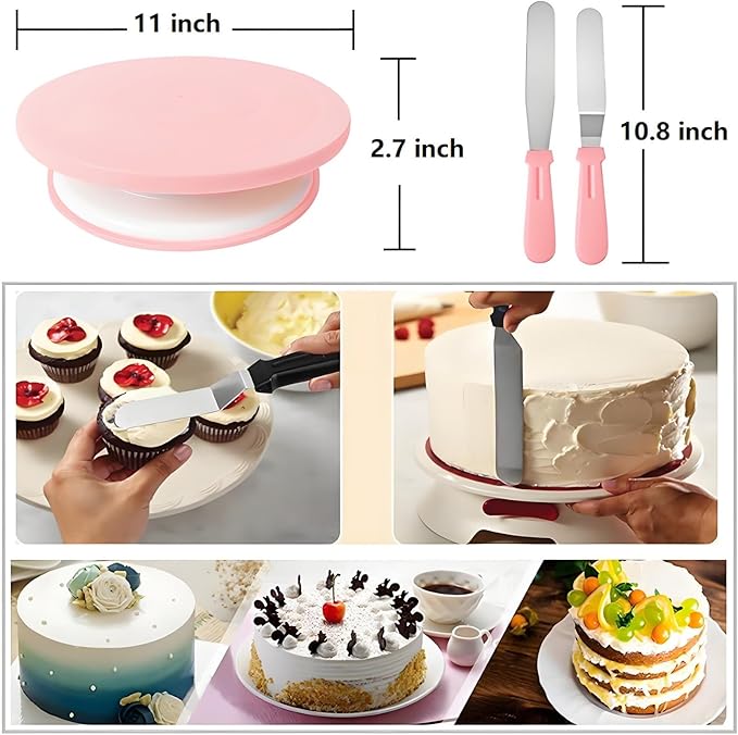 298 Pcs Cake Decorating Kit with Cake Turntable,Cake Leveler,24 Numbered Icing Tips,2 Spatulas,3 Comb Scrapers,8 Carved Pens,100 Pastry Bags,100 Paper Cupcake Liners, (Pink)