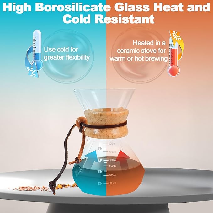 Pour Over Coffee Pot Set 800ml Features 304 Stainless Steel Filter Glass Coffee Pot with High Borosilicate Glass Duckbill Spout Design Solid Wood Handle Pour Over Coffee Drippers Daily Brewing