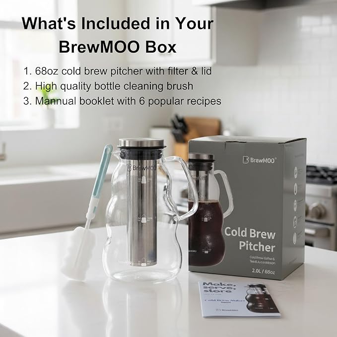 BrewMOO- Cold Brew Coffee Maker (2.0L/68Oz), Sleek Wave Borosilicate Glass Pitcher with Stainless Steel Filter, Airtight Lid + Wide Spout + Comfort Handle, Effortless Manual, Sophisticated Gift