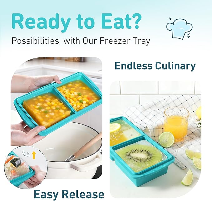 Silicone Freezer Tray with Lid Soup Freezer Container Molds with Steel Reinforced Rim Ice Cube Freezer Molds for Soup, Sauce, Leftovers, Homemade Meal Prep Containers Portion Control Food Storage