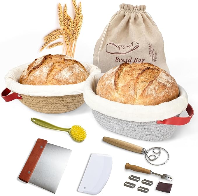 Sourdough Starter Kit With 7.5" Round & Oval Banneton Bread Proofing Basket, Complete Sourdough Bread Baking Supplies, Bread Making Kit With Storage Bag, Gift For Beginner Baker