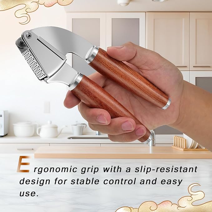 KULUNER Professional Garlic Press,Durable Garlic Clove Peeler Set That Requires No Peeling Garlic Mincer Presses Fine Garlic Paste,Upgraded Solid Wood Handle for a Comfortable Grip