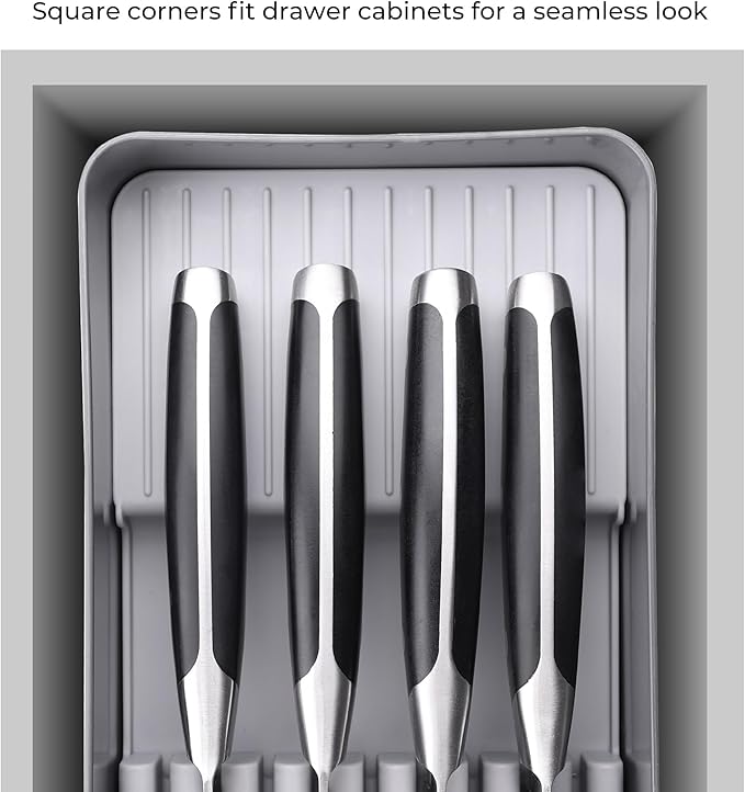 Linoroso Knife Drawer Organizer With In-Drawer Knife Block for 9 Knives, Kitchen Utensil Organizer, BPA Free Secure Storage Tray for Countertop Organization