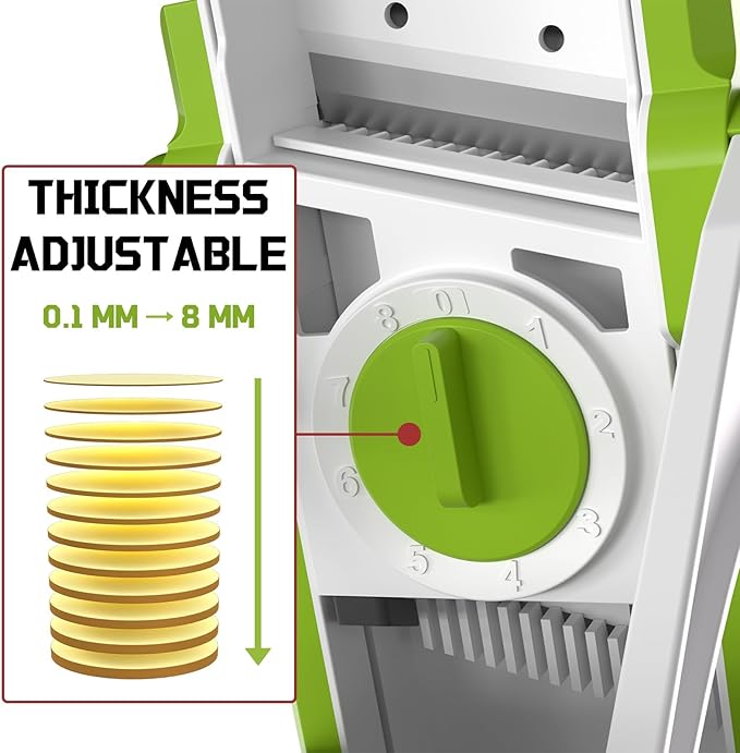 Safe Mandoline Slicer for Kitchen, Potato Slicer, Meal Prep, Adjustable/Easy to Clean/Storage, Kitchen Chopping Artifact, Paring Knife/Cleaning Brush (only Slice, Avocado Green)