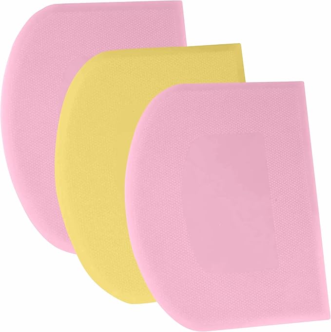 SURDOCA Dough Scraper Bench Scraper - 3P 5.9x4.3" Plastic Flexible Bowl Scraper, Sharp Edge & Angles Cake Scraper. Non-Slip Bakeware Decorating Tools Sculpting & Modeling Tools - Pink+Yellow+Pink