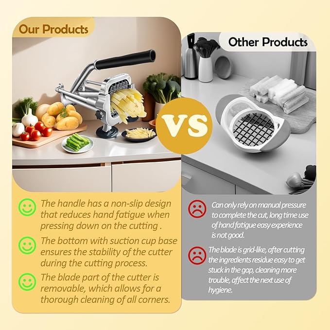 French Fry Cutter, Stainless Steel Commercial Vegetable Chopper, 1/2 Inch, 3/8 Inch and 1/4 Inch Blades Potato Cutter, Easy Clean Manual Chopper for Carrot, Yam, Cucumbers