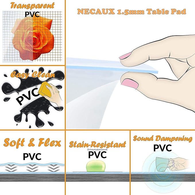 NECAUX Custom Multi-Size 1.5mm Thick Clear PVC Table Cover Protector - 42 x 68 Inch Eco Plastic Vinyl Rectangle Office Desk Top Pad Cover Glass Wood Dining Coffee End Tabletop Protective Pad