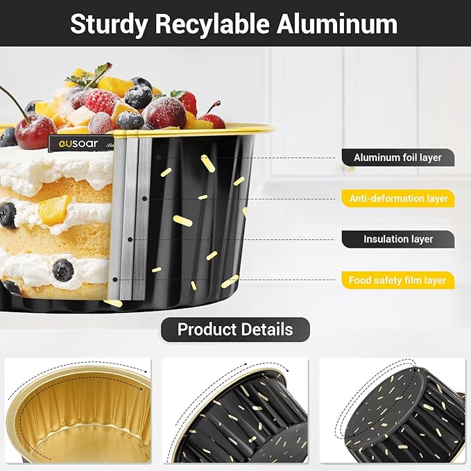 EUSOAR Foil Ramekins with Lids, Black 25Packs 5oz Disposable Baking Cups Foil Liner Cupcake Container, Dessert Cheesecake Pan Creme Brulee Cupcake Containers for Catering Gathering Club Wedding Party