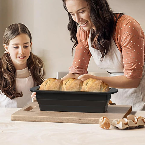 2 Packs of Collapsible Silicone Bread Loaf Pan with Metal Reinforced Rim Support - Nonstick Silicone Baking Mold for Homemade Loaf, Bread and Meatloaf - (9"x4"x2.5", Black, 2 Pieces)