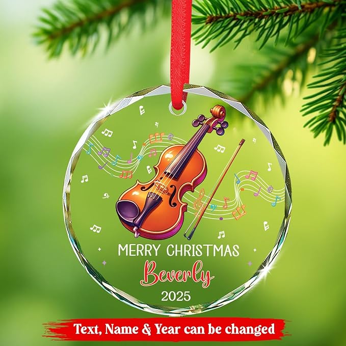 Personalized Musical Instrument Xmas Glass Ornaments, Violin Instrument Ornament for Violin Lovers, Custom Text & Name Violinist Christmas Keepsake, Music Teacher Glass Ornament 2025