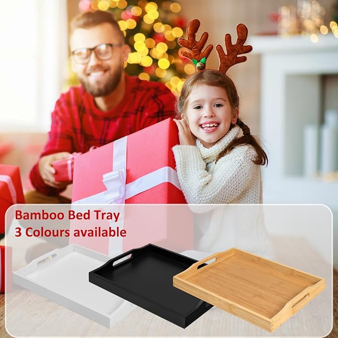 Bamboo Food Serving Tray with Handles, Breakfast Bed Tray for Tea,Snack,Dinner, Home Decorative Storage Food, Platter, Ottoman for Kitchen Counter, Bathroom, Restaurant (Black)