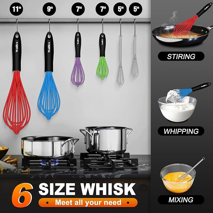 Walfos Silicone Whisk, Sturdy Stainless Steel Wire Kitchen Whisks, Heat Resistant up to 480℉ Whisk For Cooking Non Scratch, Multicolor 5+7+9+11in Whisks & 5+7in Mini Wisk, Great for home baking.