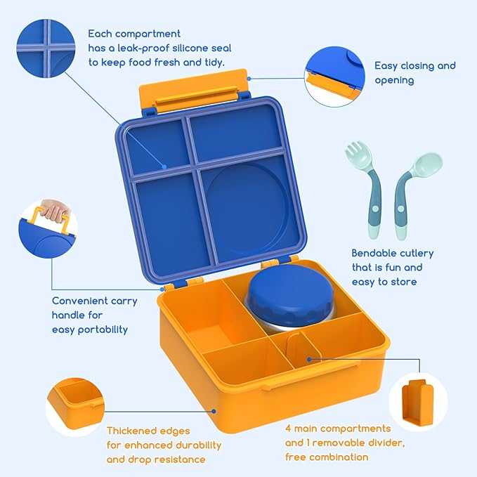 Bento Box for Kids - Leak-Proof Bento Lunch Box with Insulated Thermos Food Jar - 4 Compartments, 1 Removable Divider, 1Spoon, 1 Fork - Dishwasher Safe, BPA-Free (Blue)