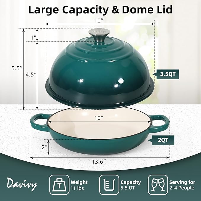 Davivy 5.5QT Cast Iron Sourdough Bread Pan with Silicone Oven Mitts, Enameled Cast Iron Bread Cloche, 10" Round Sourdough Dutch Oven with Lid, Dutch Oven for Sourdough Bread - Gradient Teal