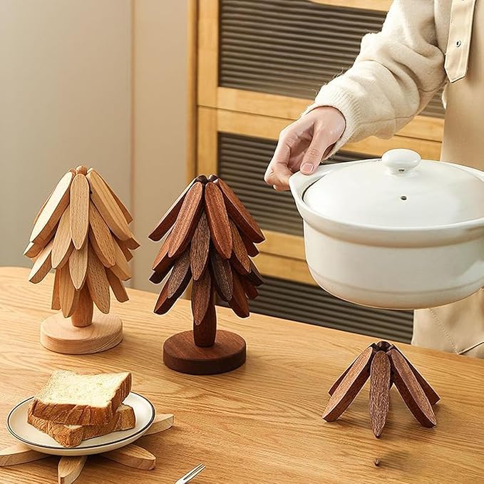 Natural Wood Tree Trivet Set, 𝐍atural Tree Trivet Set - 4 Wooden Trivets,4 Wooden 𝐓rivets & 1 Stand Like a Christmas Trees,for Hot Dish,Pot,Bowl,Teapot,Hot Pot Sets (Walnut Finish 4 Trivets,1set)