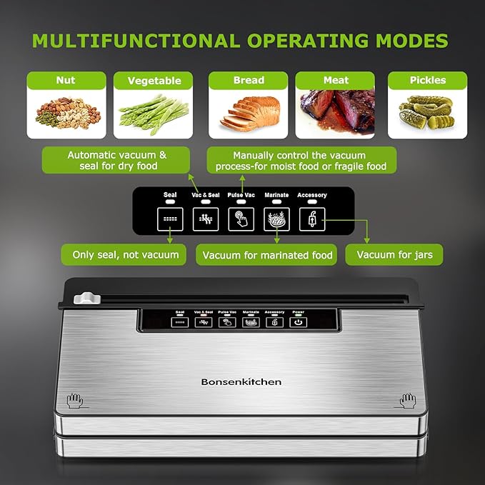 Bonsenkitchen Vacuum Sealer Machine, Stainless Steel Food Sealer Vacuum Sealers with 100 Bags & 1 Roll Bag, 5 Food Vacuum Modes, Built-in Cutter & Bag Storage, Silver-Black