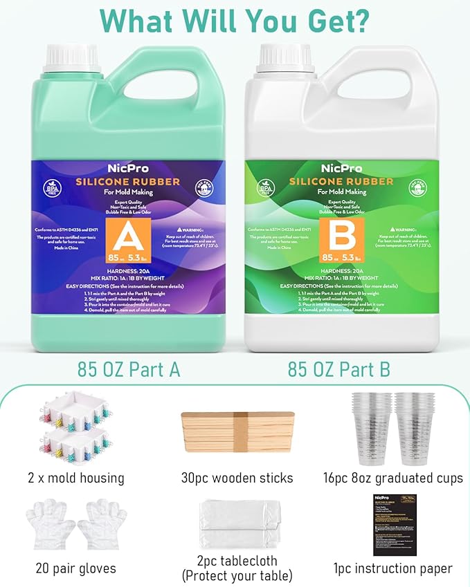 Nicpro 170oz Silicone Mold Making Kit, 20A Platinum Liquid Silicone Rubber, Jade Green Flexible, Silicone Molds Maker Mix Ratio 1:1 for Casting 3D Resins Molds DIY with 2PCS Molds Housing, Mixing Cups
