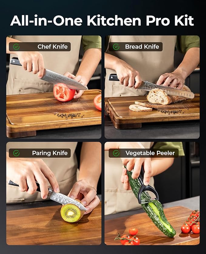Essential 4-Piece Kitchen Knife Set,Sharp German Steel Knives Sets(Chef's Knife, Paring Knife, Bread Knife + Peeler) for Home Cooking BBQ,Gift Box included