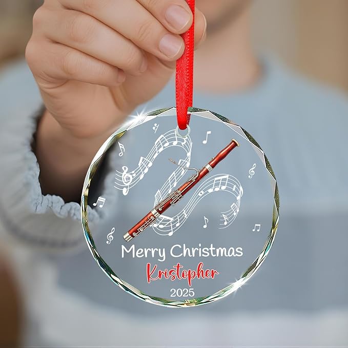 Bassoon Playing Xmas Tree Glass Ornaments, Personalized Bassoonist Ornament Christmas 2025, Bassoon Christmas Ornament Gift for Instrument Player, Custom Text & Name Musical Instrument Glass Keepsake