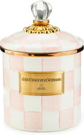 MACKENZIE-CHILDS Small Enamel Canister, Kitchen Storage Container for Flour and Sugar, 38 Ounces, Pink-and-White Rosy Check