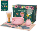 Matcha Whisk Set - 7pcs Japanese Tea Ceremony Kit with Spouted Bowl & Bamboo Whisk, Matcha Starter Kit for Beginners - Authentic Green Tea Accessories, Gift Set for Lovers-Pink