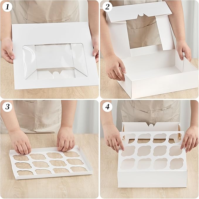Kucoele 12 Count Cupcake Boxes, 2 Pack White Cupcake Containers with Windows and Inserts, Disposable Cupcake Carriers for Muffins, Treats, Pastries, 13 x 10 x 4 Inches