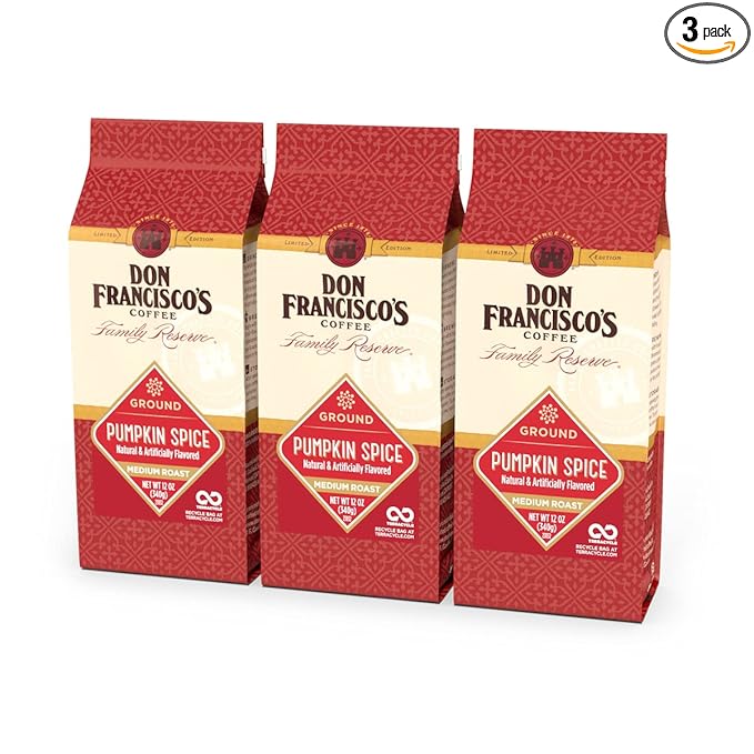 Don Francisco's Pumpkin Spice Ground Coffee, Medium Roast – Flavored 100% Arabica, 3-Pack (12 oz Bags), Premium Coffee for Drip, Pour Over & French Press