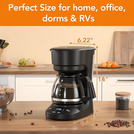 5-Cup Programmable Drip Coffee Maker, a compact coffee machine with a digital clock and 24-hour programmable timer, featuring Auto Shut-Off, and a Removable Filter Basket for Home & Office.