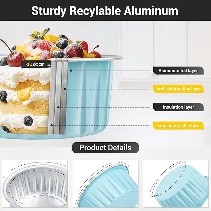 EUSOAR Aluminum Cups with Lids, 50pcs 5oz 125ml Foil Cupcake Baking Cups, Muffin Liners Cups with Lids, Disposable Foil Ramekins Pans, Aluminum Foil Cupcake Holders