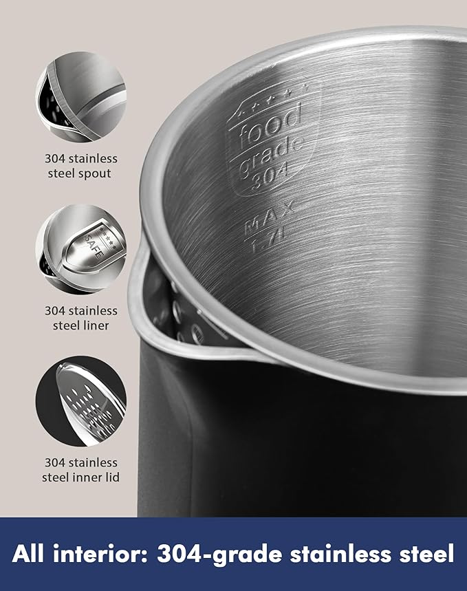 Electric Kettle 1500W Rapid Boil, 1.7L (1.8 Qt) 304 Stainless Steel, BPA-Free | 4 Temperature Presets for Baby Milk, Coffee, Tea | 2-Hour Keep Warm, Cool Touch Exterior