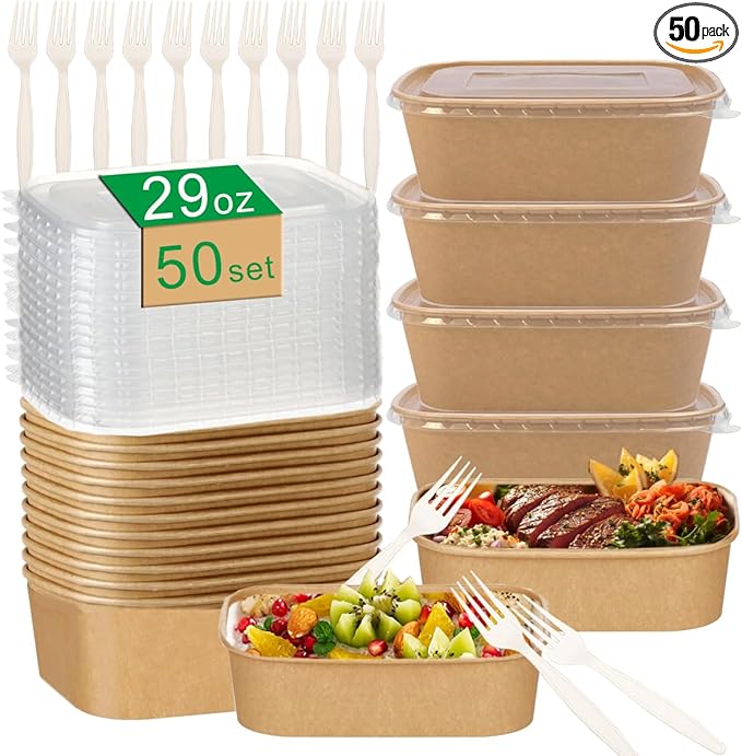 50-Pack 29oz Disposable Kraft Paper Bowls 【with Lids and Forks】Rectangle Cardboard Meal PrepContainers,Paper Leakproof Food Containers,Soup Serving Bowl for Hot/Cold Food-Microwave Safe (29oz 50Count)