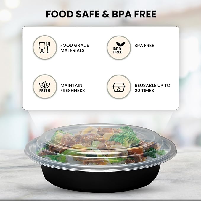 Klex 32 Oz, 150 Sets Meal Prep Containers with Airtight Lids, BPA Free, Reusable Plastic Food Container, 32 oz, Round, Black/Clear, 150 Sets