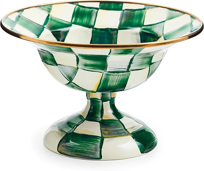 MACKENZIE-CHILDS Enamel Compote, Cute Enamel Pedestal Serving Dish or Decorative Bowl, Small, Green-and-White Emerald Check