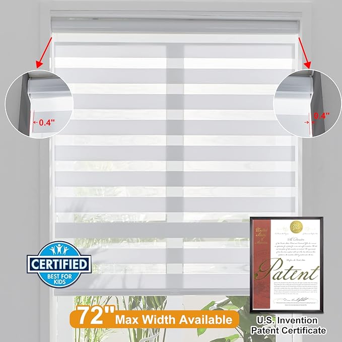 Persilux Cordless Zebra Blinds for Indoor Windows, Free-Stop Light Filtering Sheer Shades, Dual Layer for Day and Night, Roller Shades for Home (34.25" W X 47" H, White)