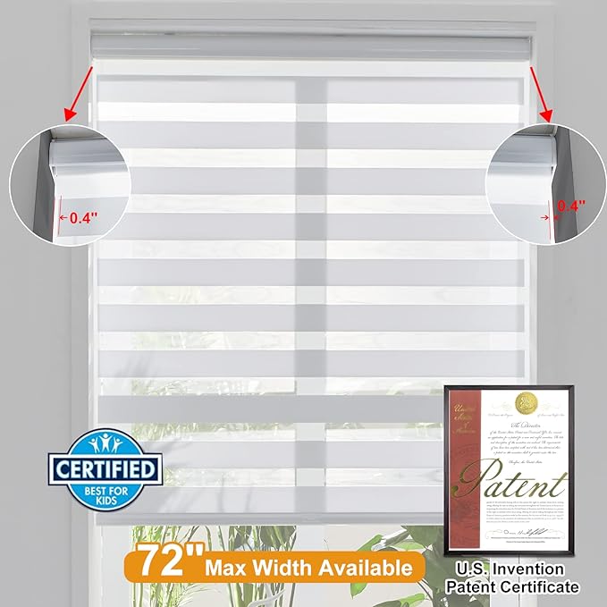 Persilux Cordless Zebra Blinds for Windows Shades (17" W x 64" H, White) Dual Layer Fabric for Day and Night Thermal Roller Shades, Free-Stop Room Darkening Sheer Shades for Home, Office and Bedroom
