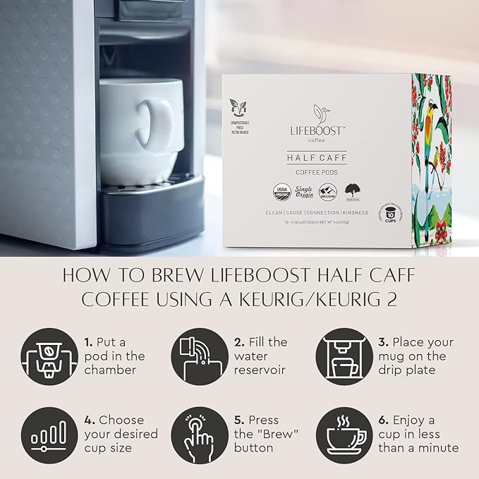 Lifeboost Half Caff Coffee K Cups - Low Acid Half Caff Coffee Pods - Single Origin Non-GMO Mold Free Pods Compatible with Keurig & Keurig 2 - No Mycotoxins or Pesticides - 10 Count (Pack of 2)