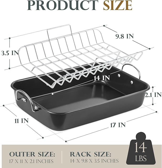 KITESSENSU Nonstick Roasting Pan with Rack 15 x 11 inch - Turkey Roaster Pan for Ovens - Wider Handles & Heavy Duty Construction, Gray