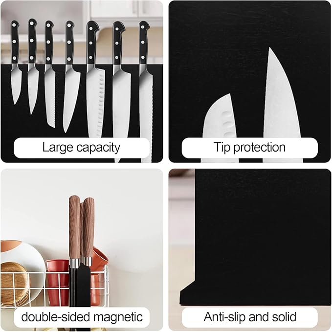 Resafy Magnetic Knife Holder-16X12 Inches Double Side Acacia Black Wooden Knife Block Rack Universal Stands with Strong Enhanced Magnets Strip for Kitchen Counter,Large Organizer Without Knives
